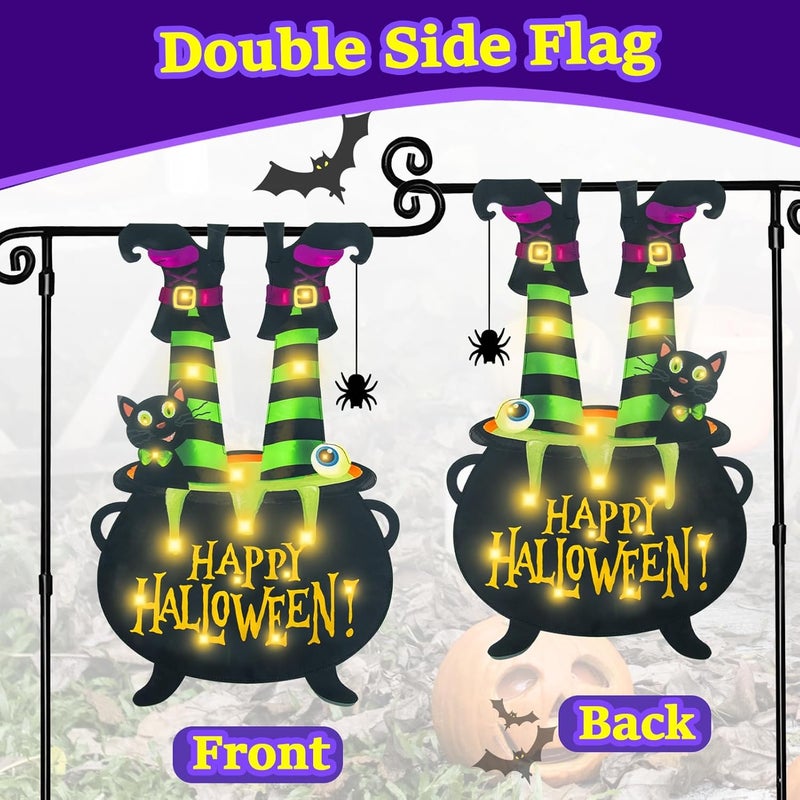 FLAGMESAGE Halloween Lighted Garden Flag for Outside, Witch Feet Shape Flag Yard Decor, 8 Modes Double Sided Cauldron Eyeball Black Cat Outdoor Hlloween Decorations for Home Porch (Warm White-28x40) - Image 3